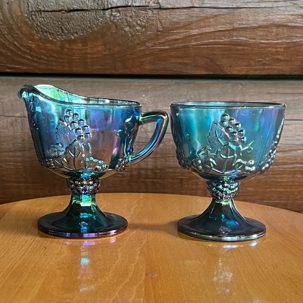 Vintage Iridescent Blue Carnival Glass Creamer/Sugar Goblet Harvest Grape Design
